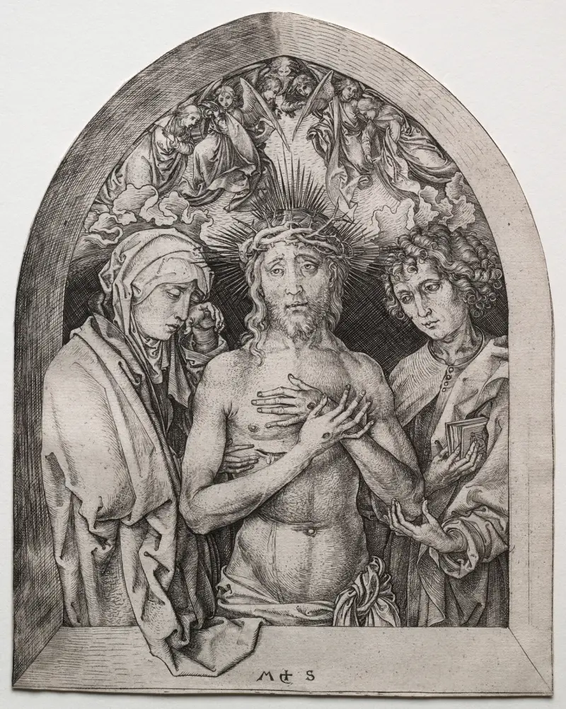Christ as the Man of Sorrows between the Virgin and St. John av Martin Schongauer