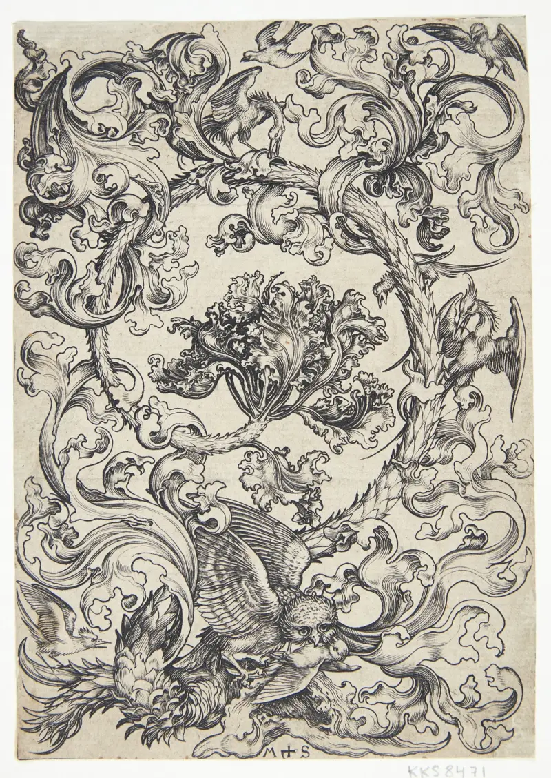 Ornament med fugle, der spotter en ugle av Martin Schongauer