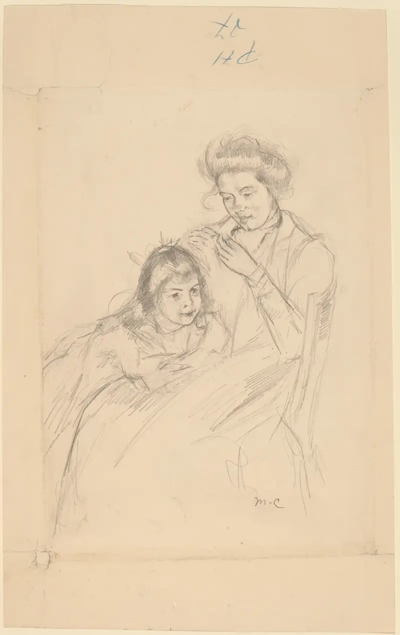 Margot Leaning against Reine’s Knee av Mary Cassatt
