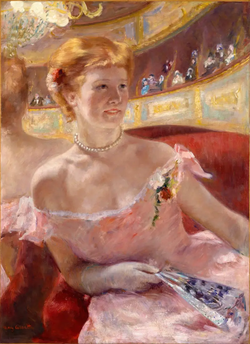 Woman with a Pearl Necklace in a Loge av Mary Cassatt