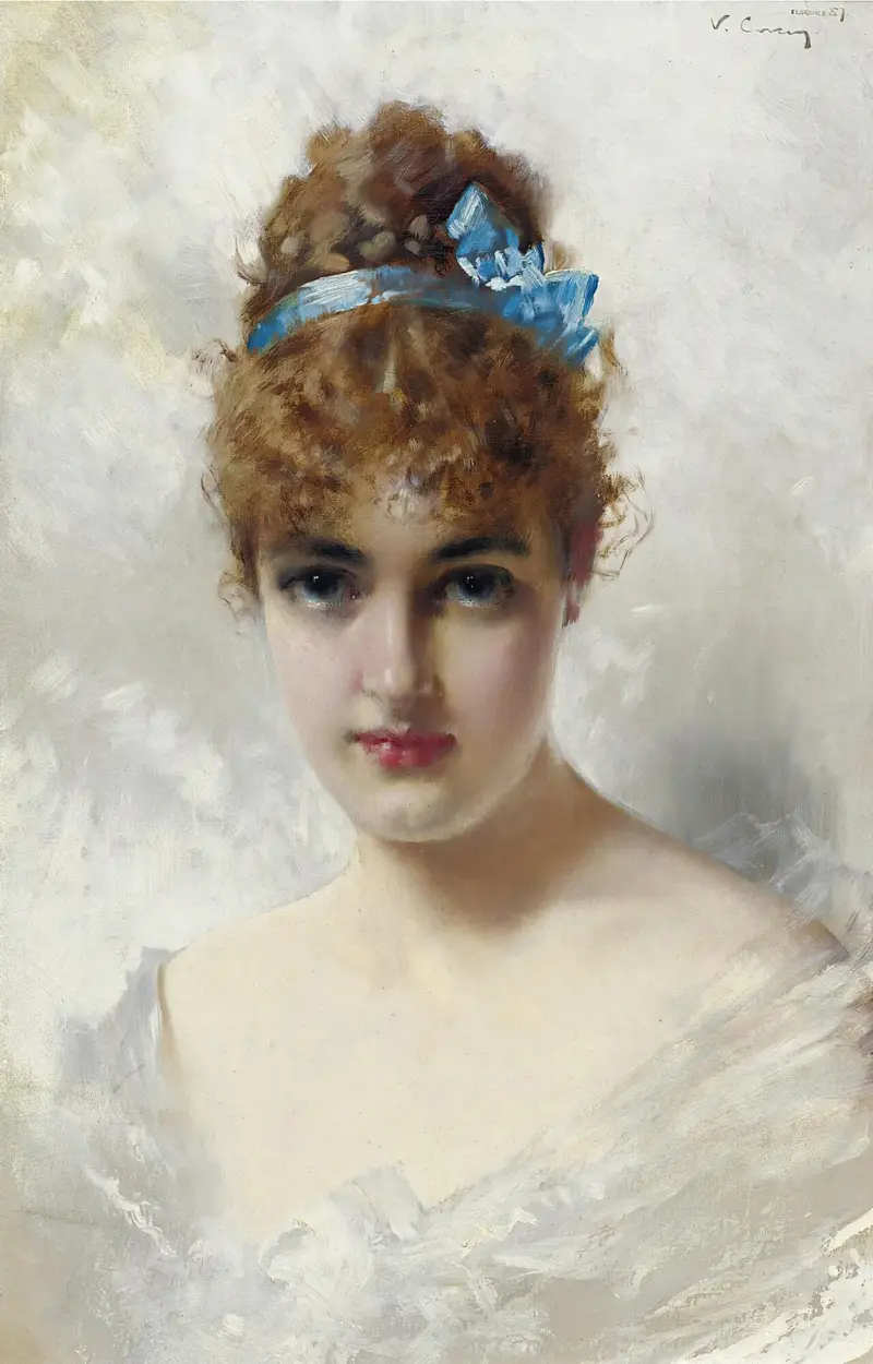 Porträtt av en ung kvinna i vitt av Vittorio Matteo Corcos