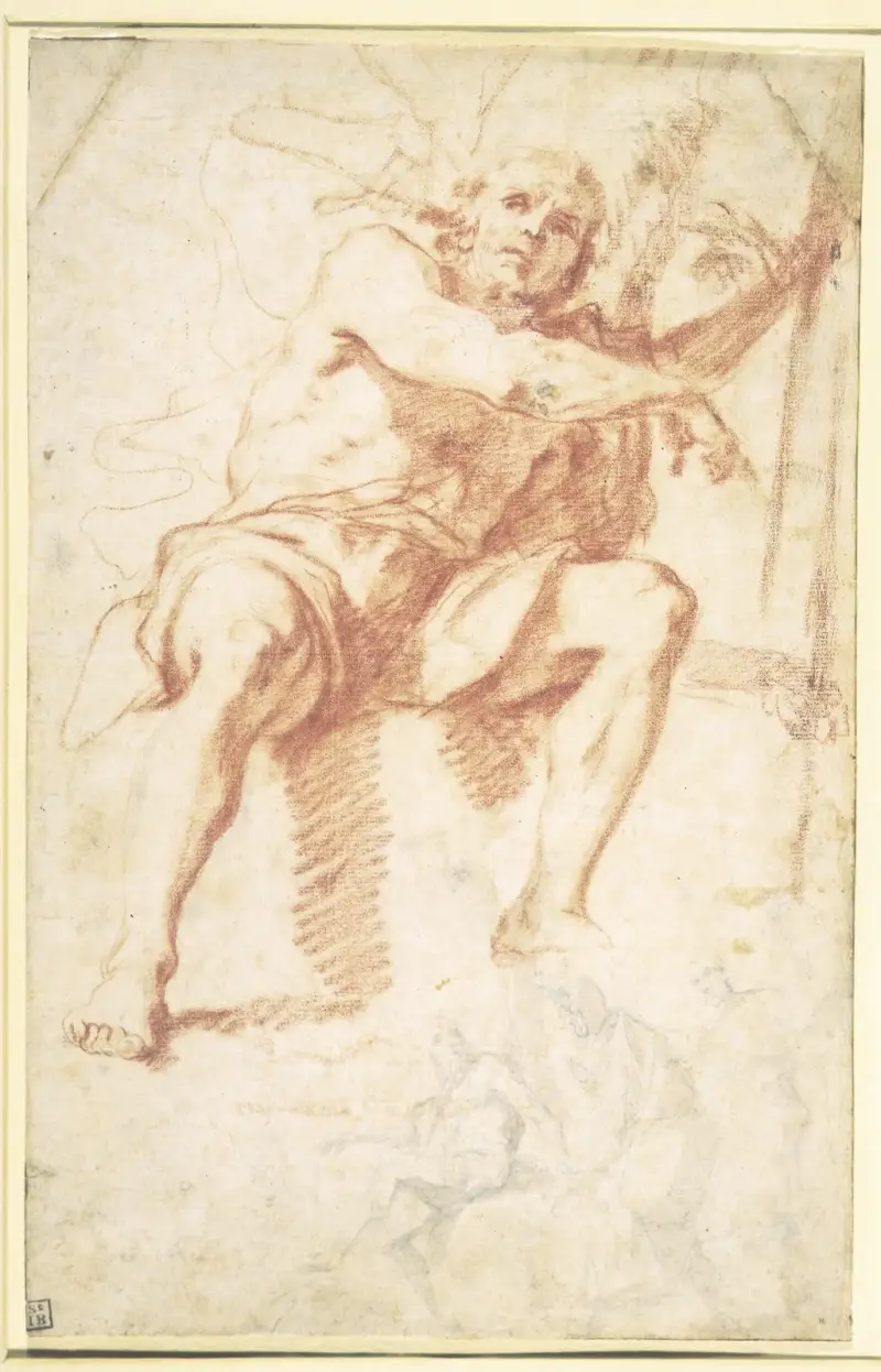Johannes der Täufer sitzend, und Studie des Johannes des Täufers mit zwei Aposteln von Mattia Preti
