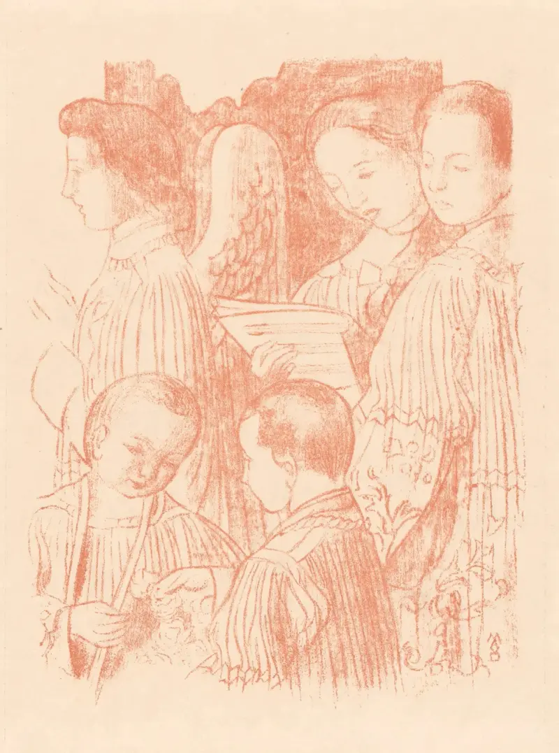 Tre sjungande änglar och två korgossar under den heliga mässan av Maurice Denis