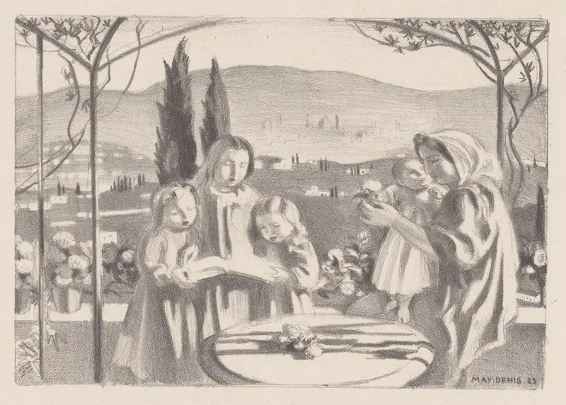 Italienskt landskap med mor och barn och tre sjungande flickor av Maurice Denis