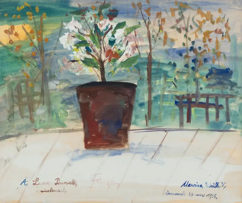 Pot de fleurs sur un fond de paysage av Maurice Utrillo