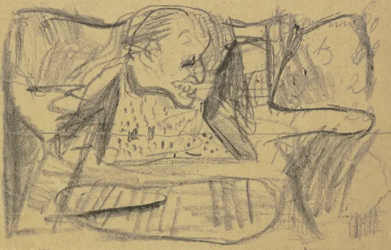 Abstrakte Krakelzeichnung auf zwei Seiten einer Feldpostkarte; Ein Männerkopf av Max Beckmann