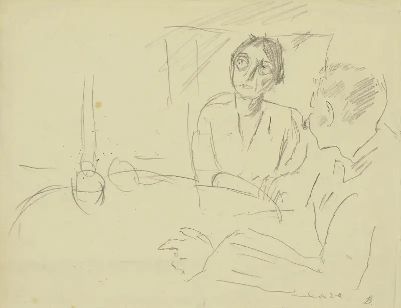 Frau und Mann an rundem Tisch sitzend av Max Beckmann