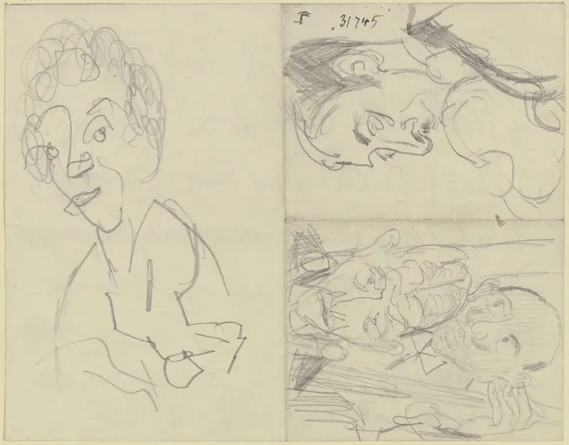 Frauenkopf, ein Geiger, zwei Bassisten (Drei verschiedene Skizzen auf einem durch Faltung in vier Felder unterteilten Papierbogen) av Max Beckmann