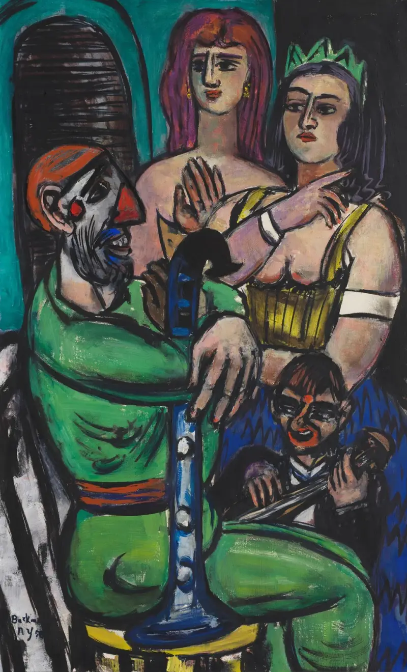 Großer Clown mit Frauen und kleiner Clown von Max Beckmann