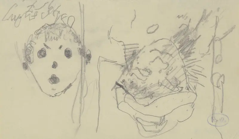Kopf einer Frau mit Hut sowie eine – bei Drehung des Papiers um 180 Grad gezeichnete – schematische Fratze av Max Beckmann