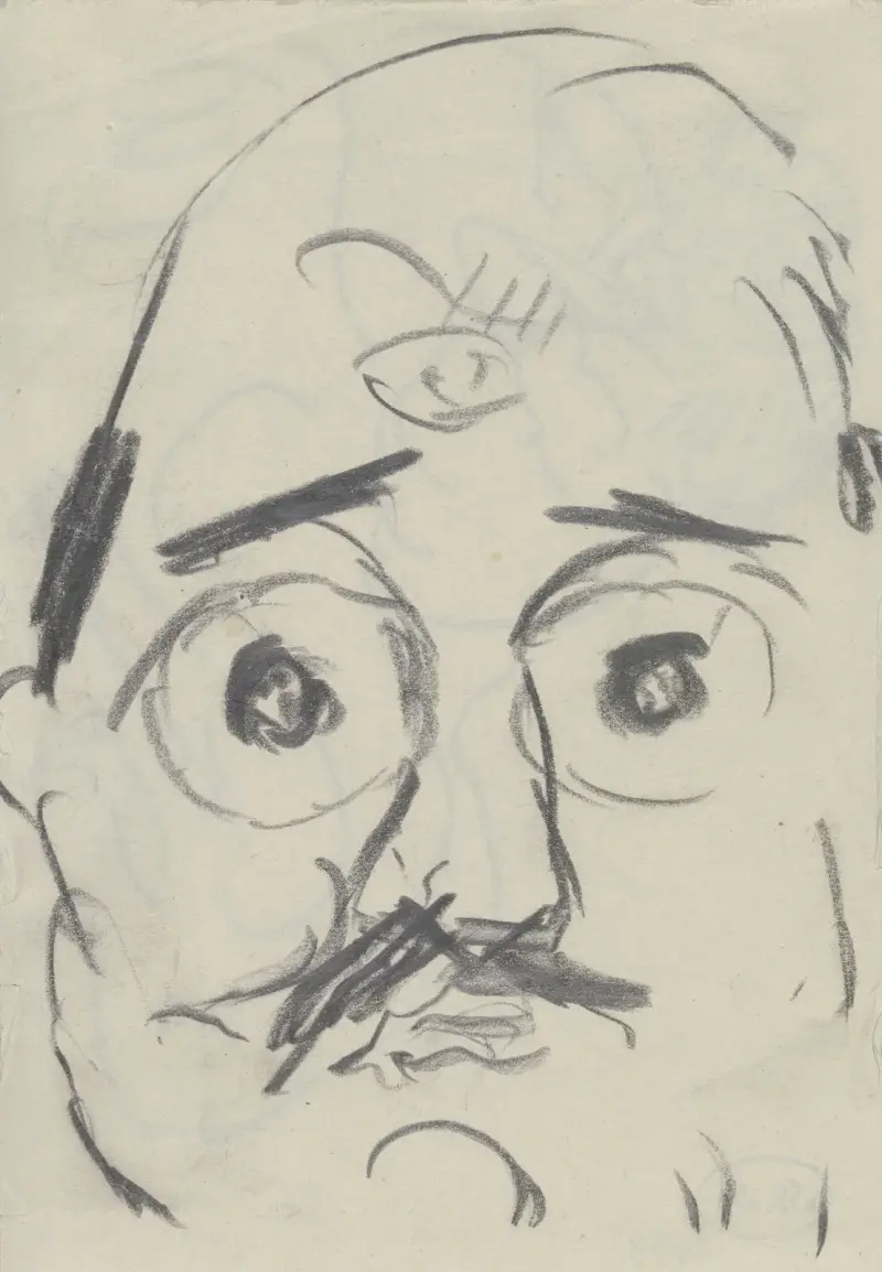 Kopf Ugi Battenbergs als Grimasse mit großen runden Augen av Max Beckmann