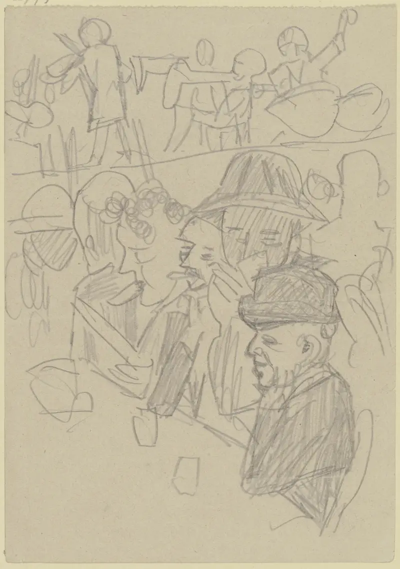Männer an einem Tisch mit Gläsern, im Hintergrund eine Musikkapelle av Max Beckmann