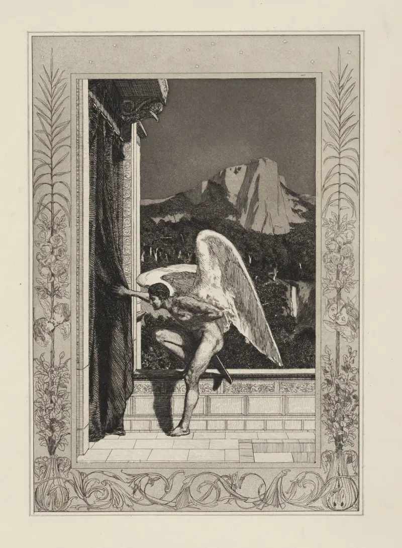 Amor anländande (Amor och Psyche, Opus V, blad 12) av Max Klinger