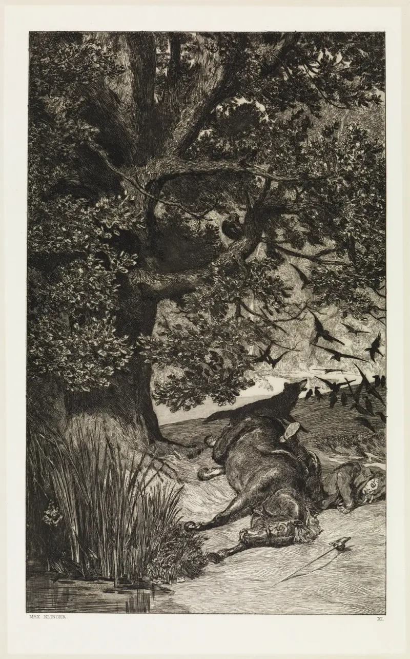 Fallne ryttare (Intermezzi, Opus IV, blad 11) av Max Klinger