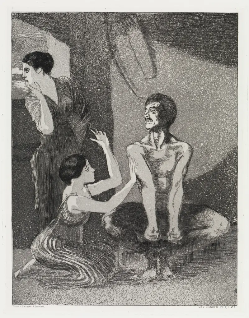 Flicka och bågskytt (Tält, Opus XIV, del 1, nr 9) av Max Klinger
