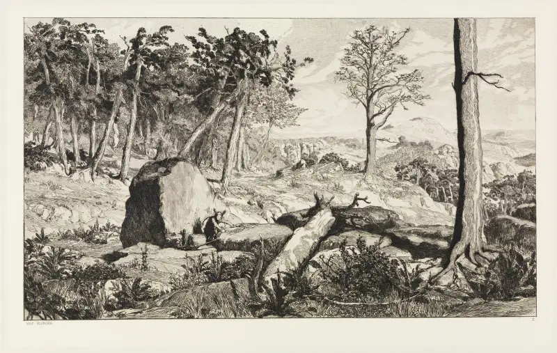 Simplicius in der Wald-Einöde (Intermezzi, Opus IV, Blatt 10) von Max Klinger