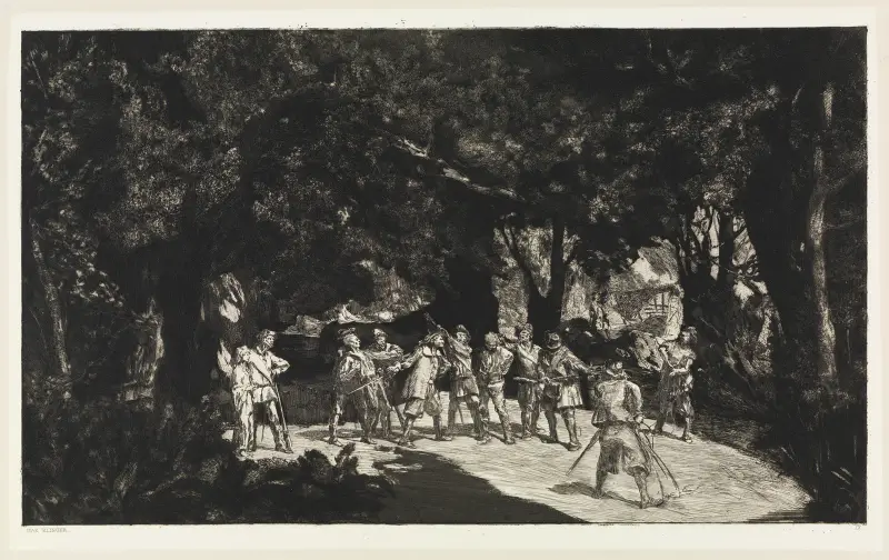 Simplicius bland soldaterna (Intermezzi, Opus IV, blad 9) av Max Klinger