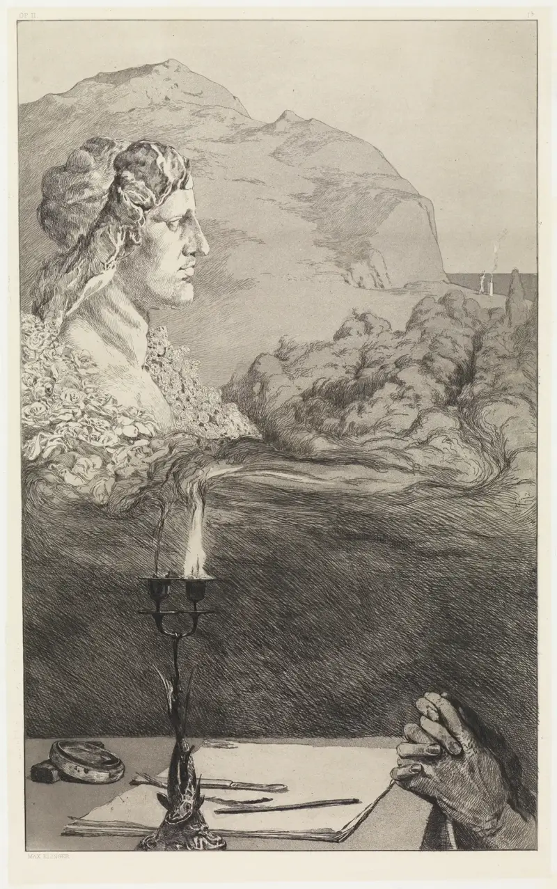 Titulní list (Malebná dedikace; Vzývání) (Záchrany ovidiovských obětí, Opus II, list 1 [1b]), Max Klinger