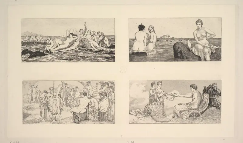 Venus till havs; Venus får kännedom om Amors förhållande; Psyche tas emot på Olympus; Venus möter Juno och Ceres av Max Klinger
