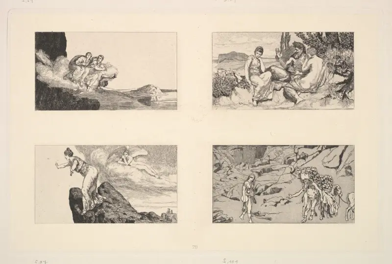 Zephyrus Die Schwestern Tragend; Pan Psyche Tröstend; Die Schwester Sich Vom Felsen Stürzend; Psyche Auf Dem Weg Zum Tartarus av Max Klinger