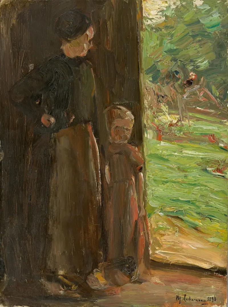 Bondkvinna med barn under dörren – kvinna och barn i ytterdörren av Max Liebermann