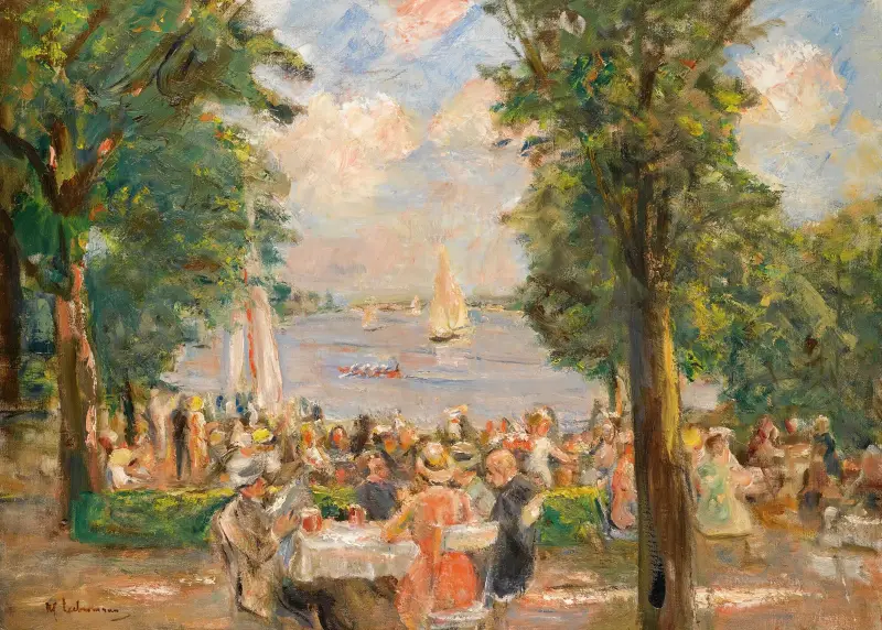 Ölträdgård nära Wannsee (Hus vid sjön) av Max Liebermann