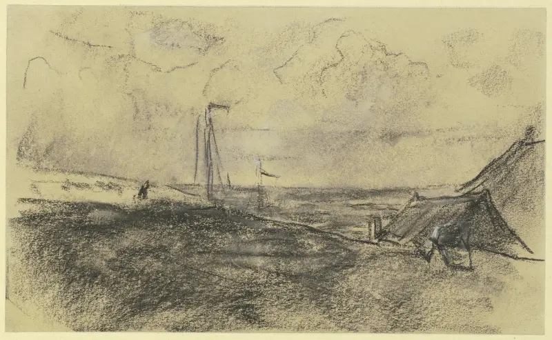 Utsikt mot stranden med båtar av Max Liebermann