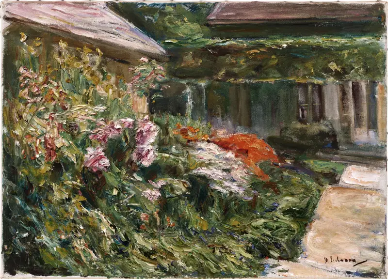 Blommande buskar vid trädgårdsskjulen mot nordost av Max Liebermann