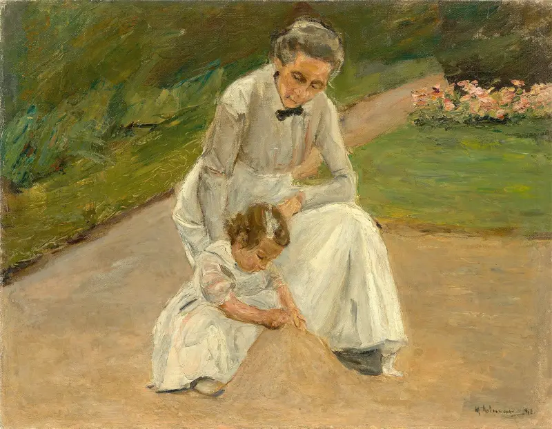 Flicka och barnflicka leker i trädgården av Max Liebermann