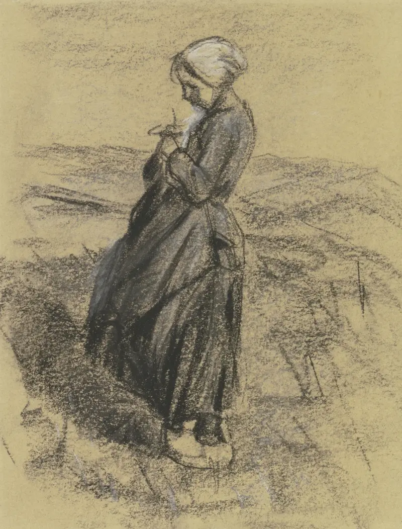 Flicka på fältet, stickande av Max Liebermann