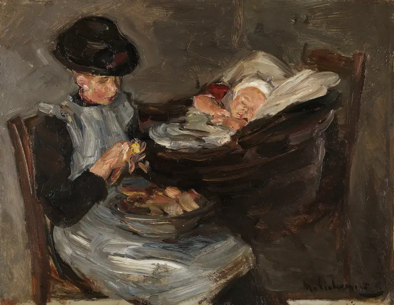 Flicka från Laren som skalar potatis vid ett sovande barn i en korg av Max Liebermann
