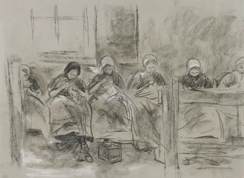 Sex holländska flickor som närmar sig framför en husvägg av Max Liebermann