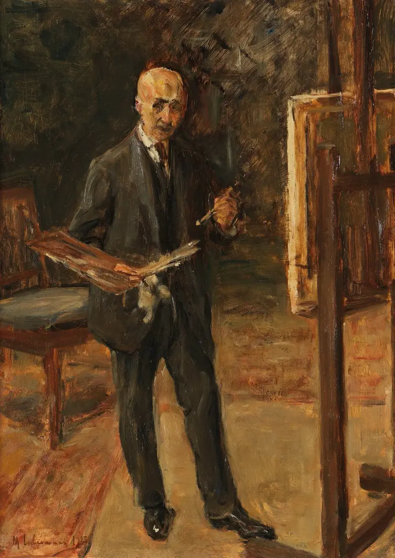 Självporträtt i kostym framför staffliet, helfigur av Max Liebermann