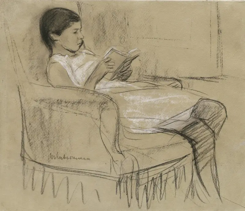 Konstnärens dotter Käthe läsande i en stol av Max Liebermann