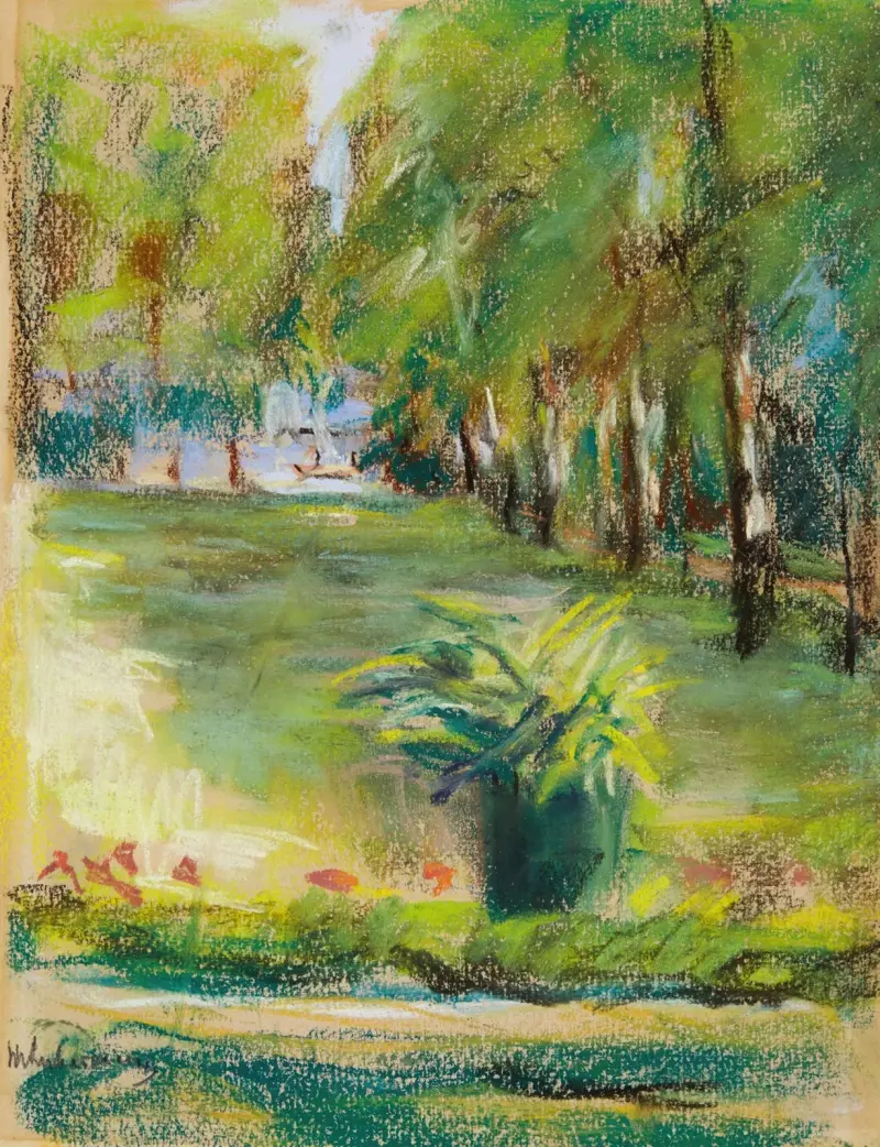 Konstnärens trädgård sedd mot öster från terrassen med utsikt över björkallén och Wannsee av Max Liebermann
