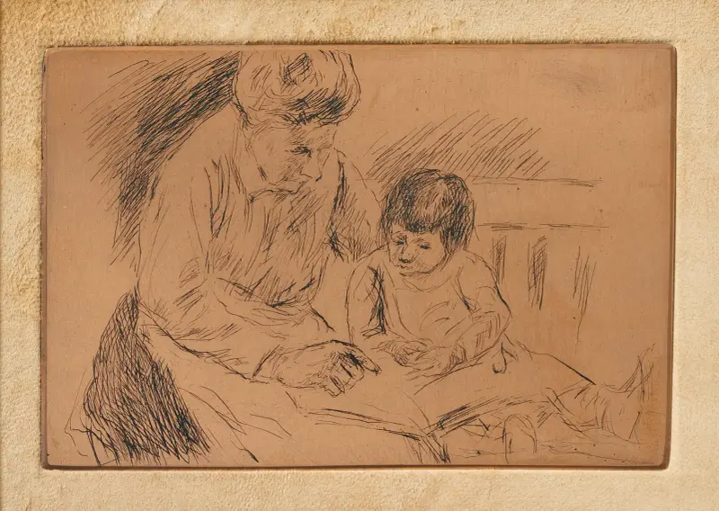 Barnflicka med barn på en trädgårdsbänk som tittar i bilderbok av Max Liebermann