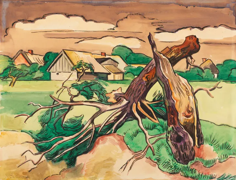 Broken tree in front of a Pomeranian village landscape av Hermann Max Pechstein