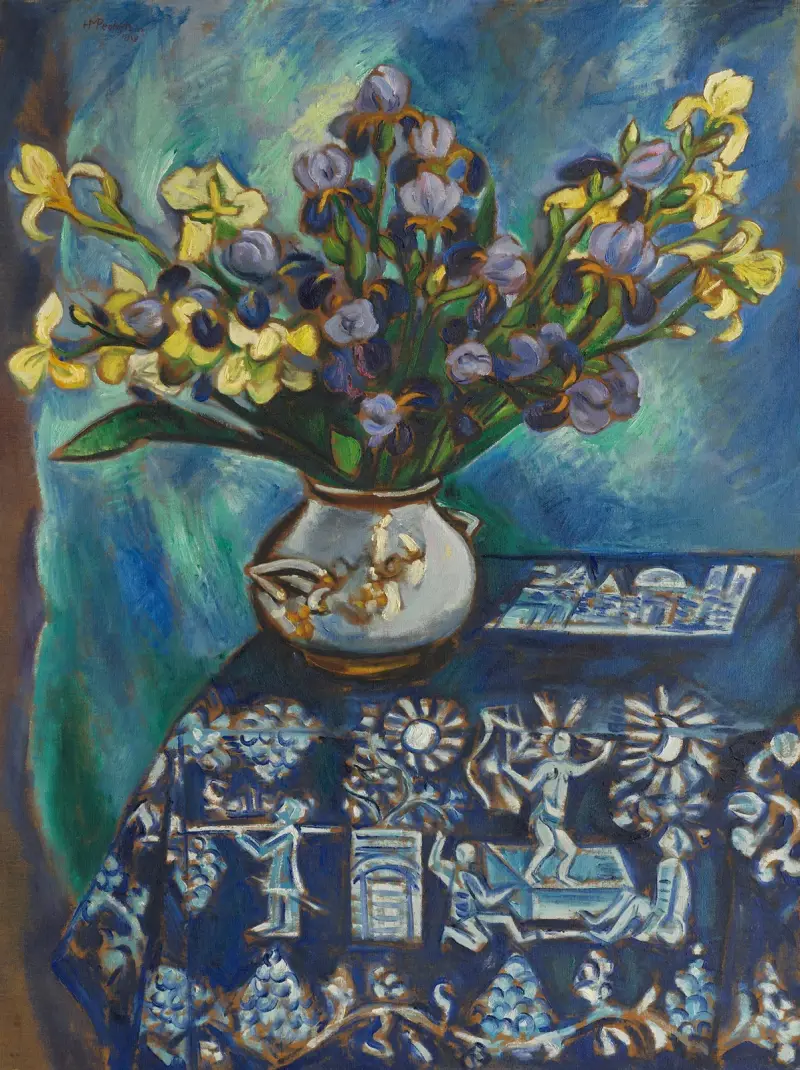 Den blå filten (Stilleben i blått) (Blomstilleben) av Hermann Max Pechstein