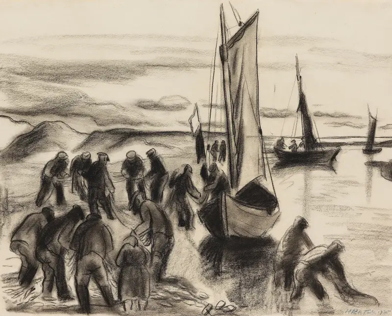 Fiskare med båtar vid Lupows mynning i Pommern av Hermann Max Pechstein