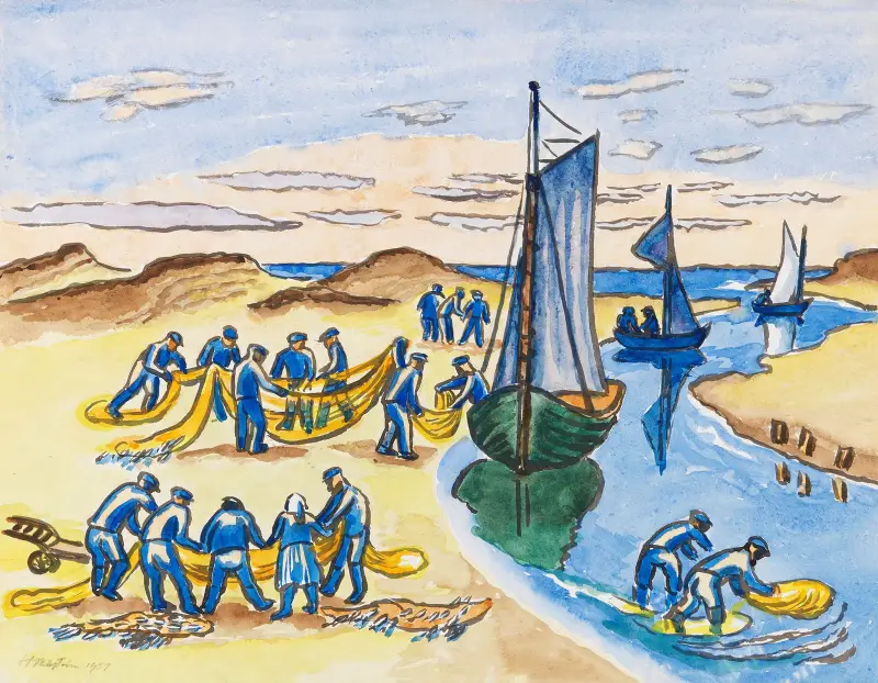 Fiskare i arbete på stranden av Hermann Max Pechstein