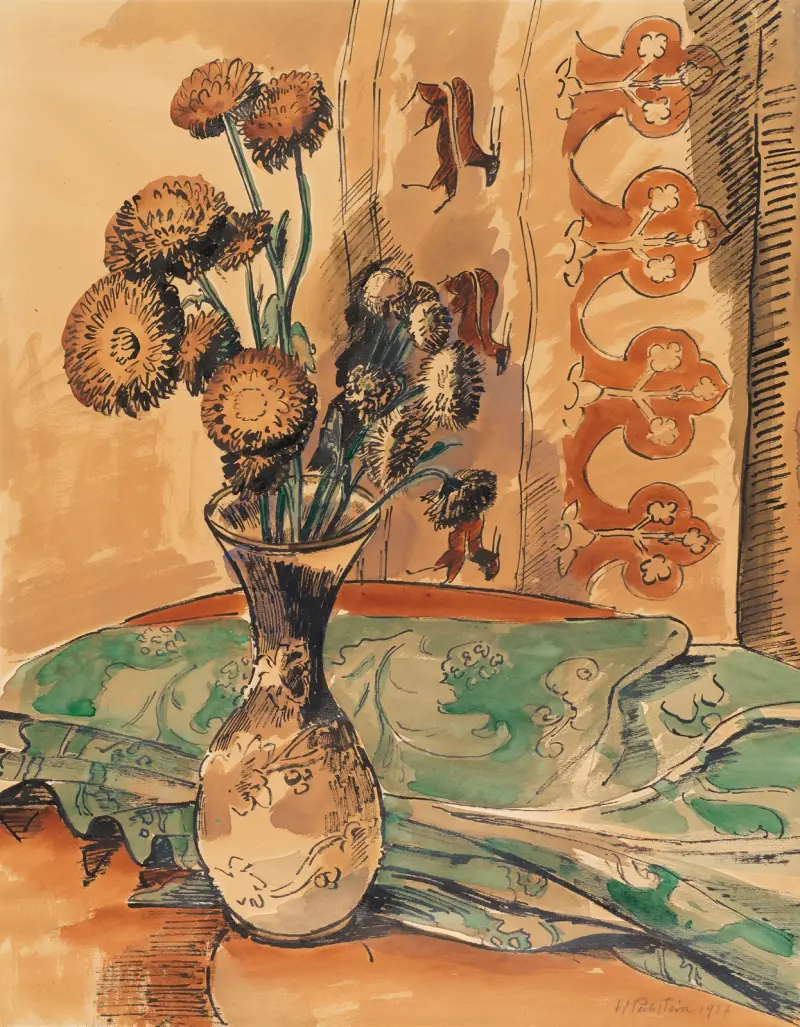 Blomsterstilleben med grön filt av Hermann Max Pechstein