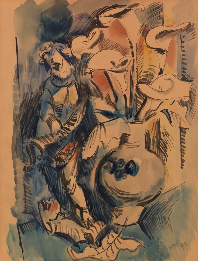 Blomsterstilleben med putto och kalla av Hermann Max Pechstein