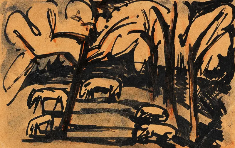 Grazing animals under trees von Hermann Max Pechstein