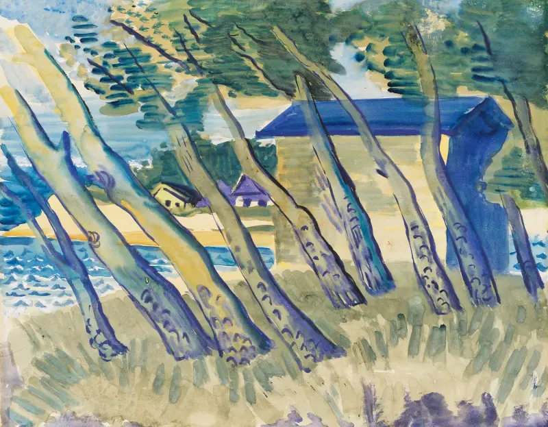 Lakeshore with Trees and Houses av Hermann Max Pechstein
