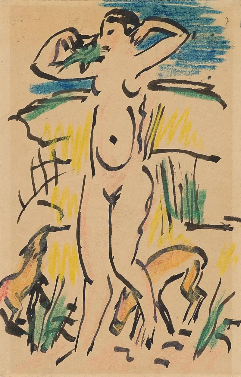 Kvinnlig nakenakt med (katt och) djur av Hermann Max Pechstein
