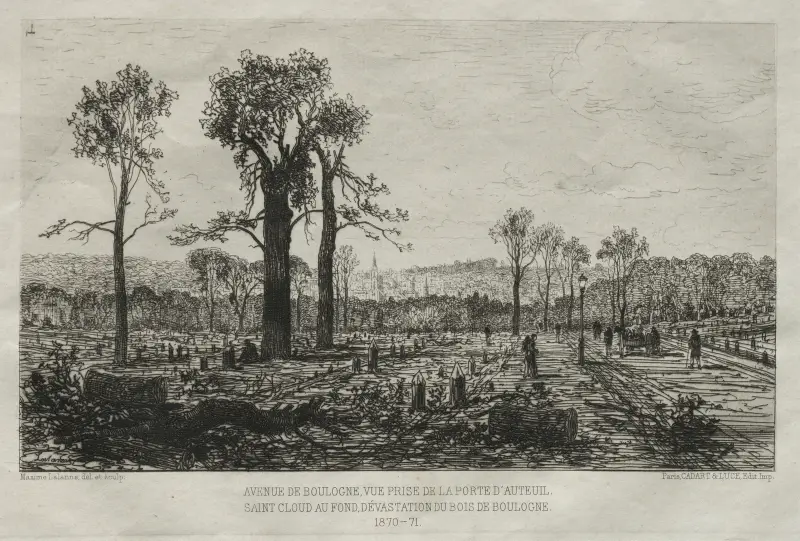 Avenue de Boulogne, Vue Prise de la porte d’Auteuil, St. Cloud au fond, Dévastation du Bois de Boulogne av Maxime Lalanne