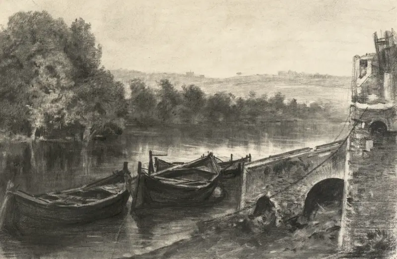 Boote an einem steinernen Flussanleger von Maxime Lalanne