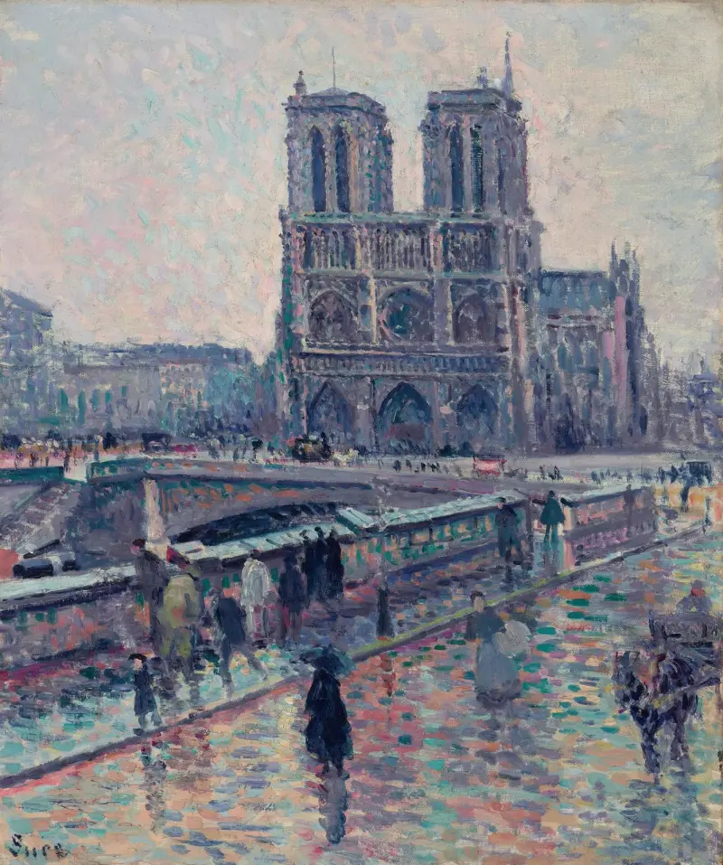 Seinens flodbanker med Notre-Dame i regn av Maximilien Luce