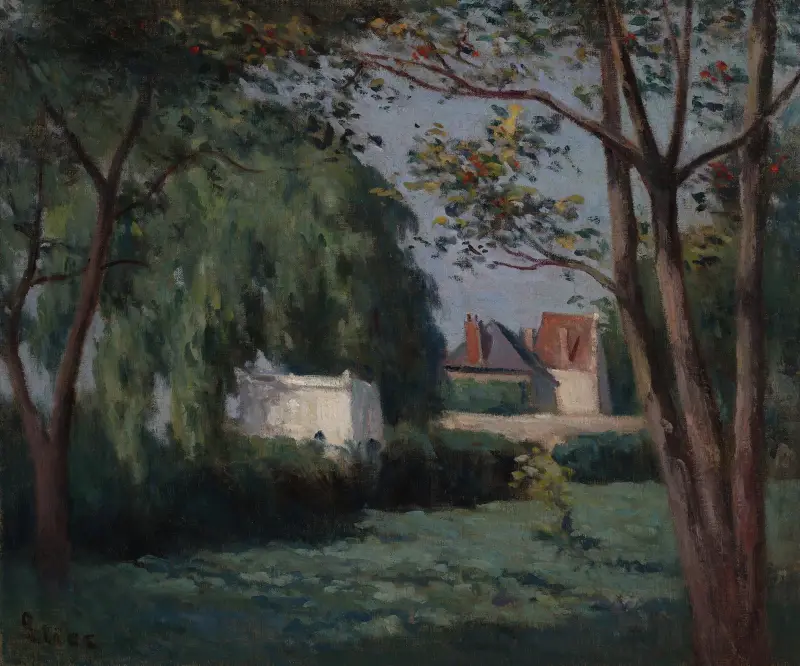 Ländliche Szene mit drei Häusern und Bäumen von Maximilien Luce