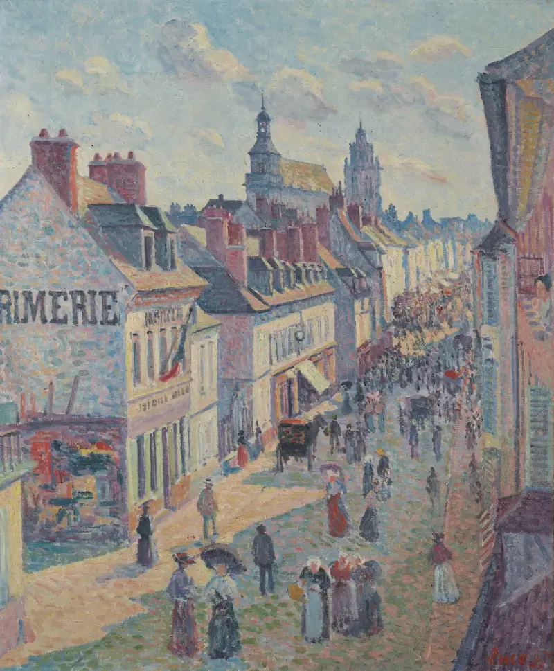 Marknadsdag i Gisors (rue Cappeville) av Maximilien Luce